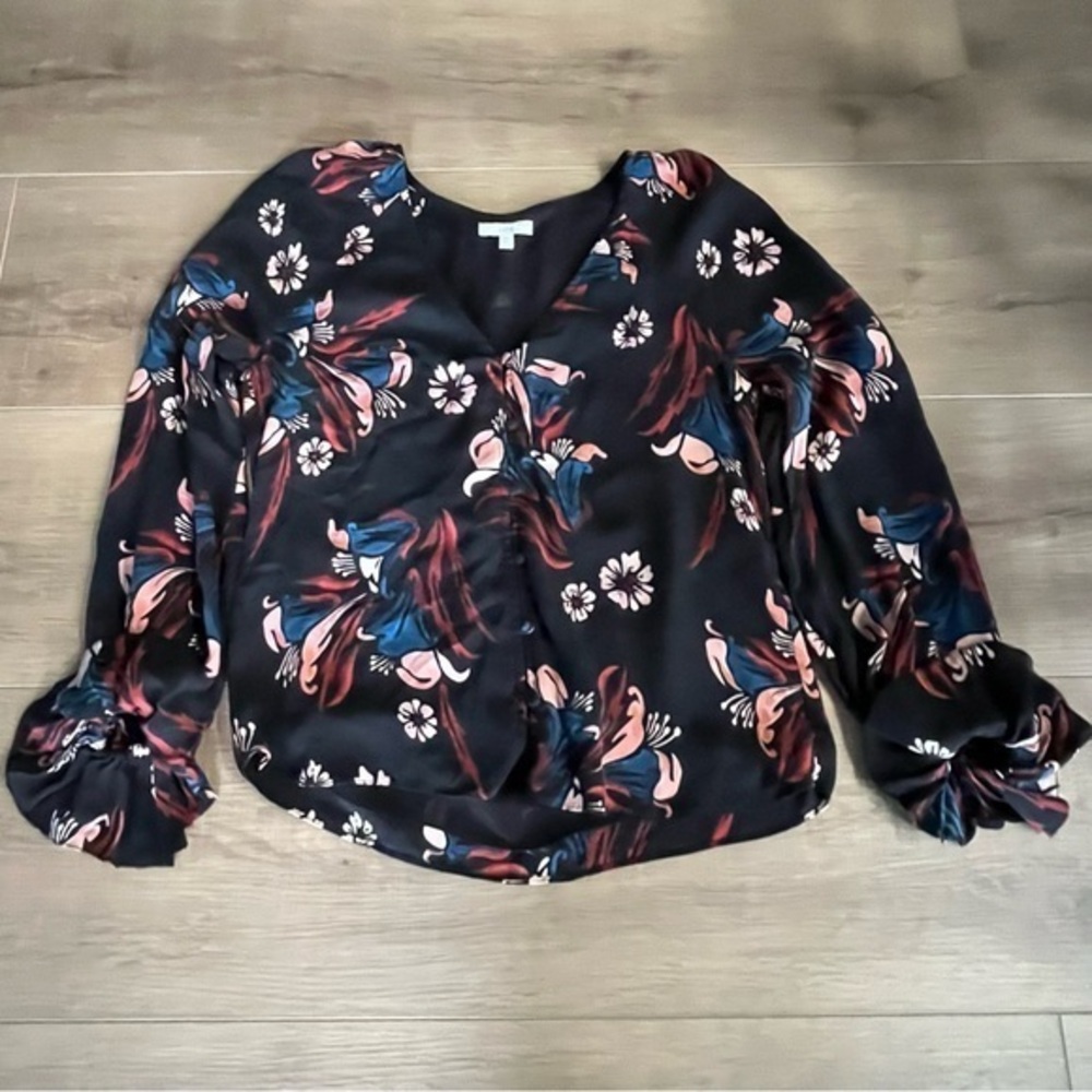 Joie Black Floral Silk Button Up Blouse Top Women Small Elastic Cuff Frill Lined - Picture 4 of 13